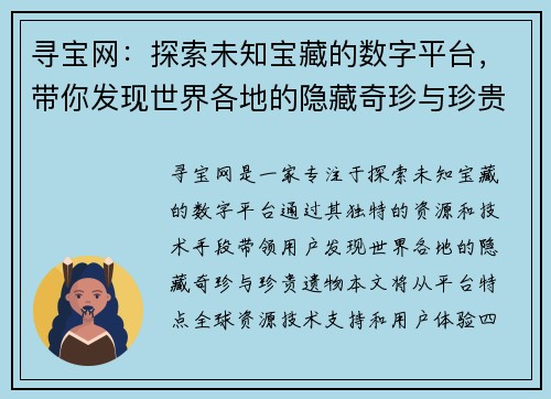寻宝网：探索未知宝藏的数字平台，带你发现世界各地的隐藏奇珍与珍贵遗物